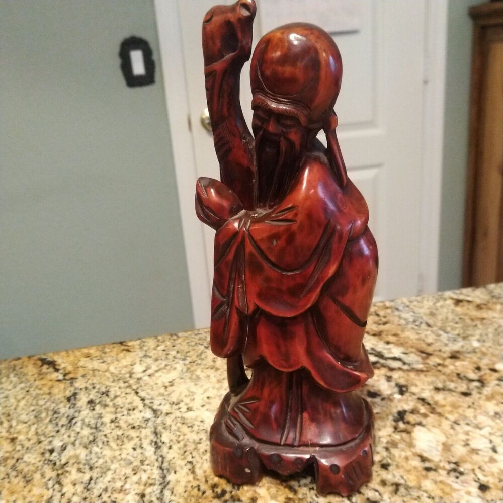 Vintage Japanese Hand Carved Mahagony Fukurokuju God Of Longevity Figurine 8"